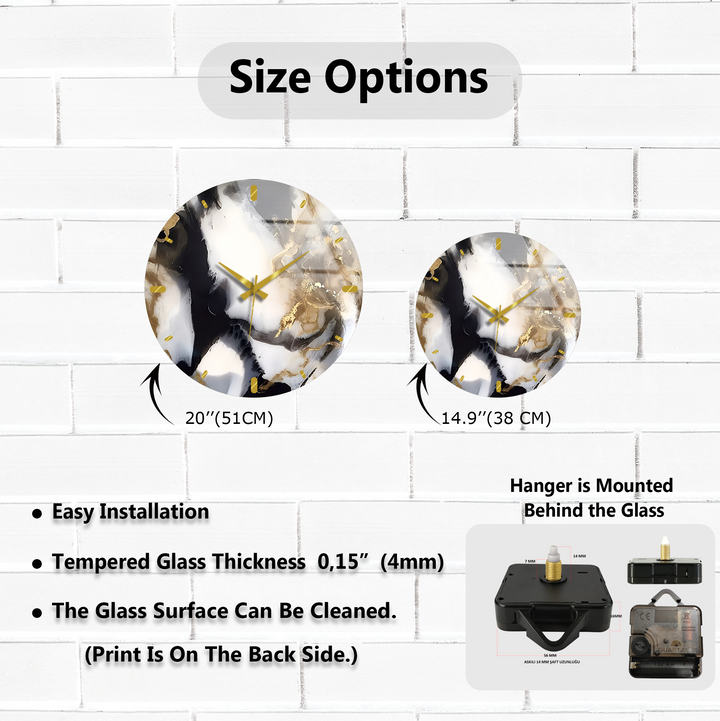 Black and Gold Marble Glass Wall Clock – Abstract Luxury Decor