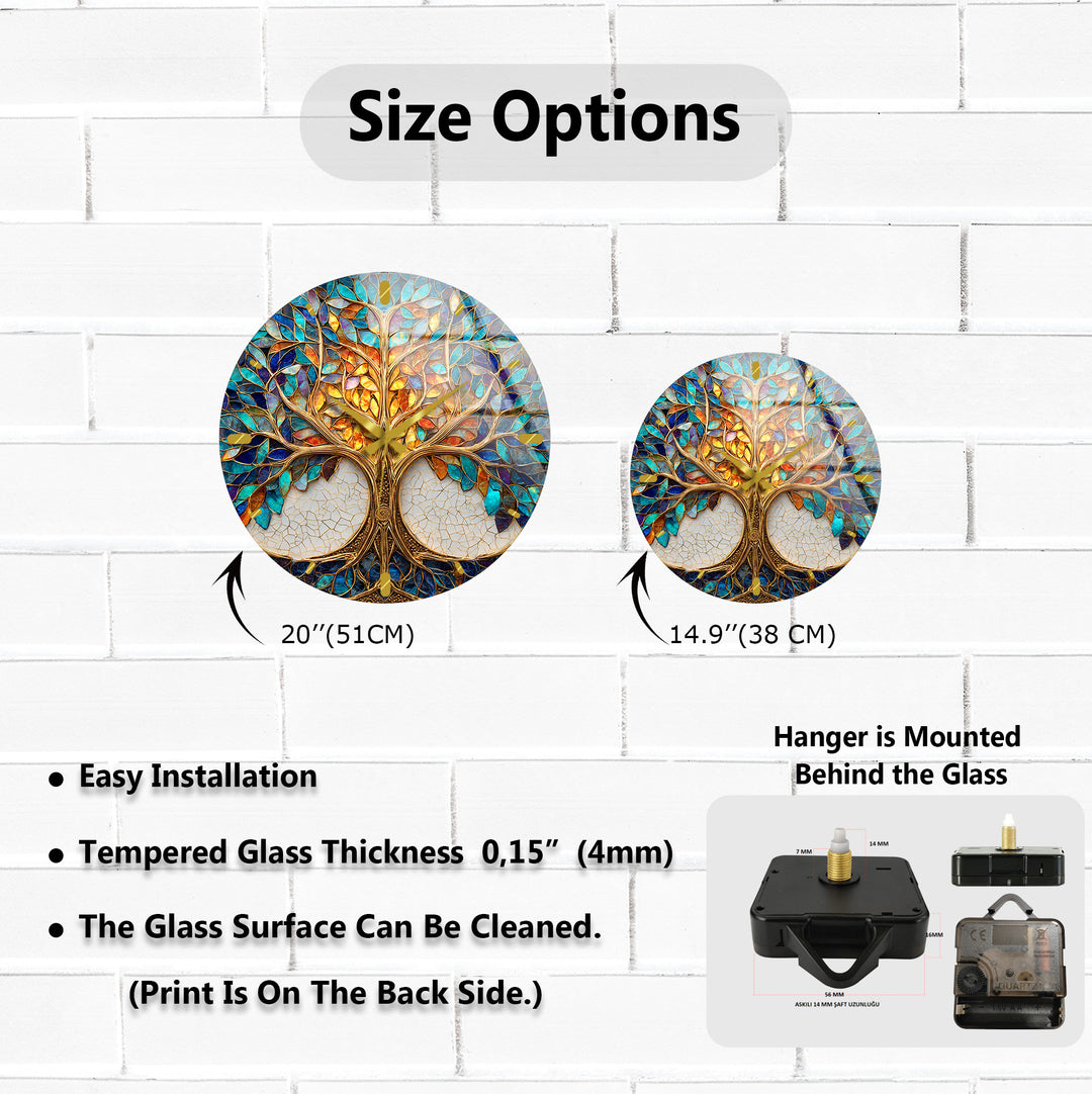 Tree of Life Glass Wall Clock – Blue and Gold Mosaic Decor