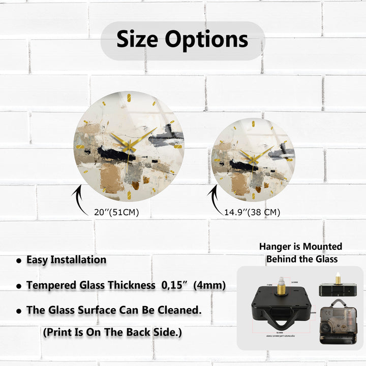 Neutral Abstract Glass Wall Clock – Black and Beige Modern Art
