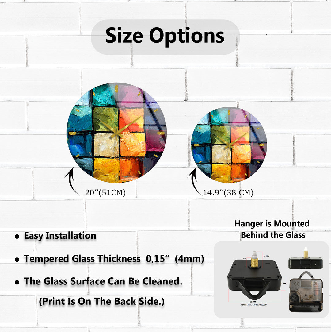 Colorful Abstract Glass Wall Clock – Textured Geometric Painting