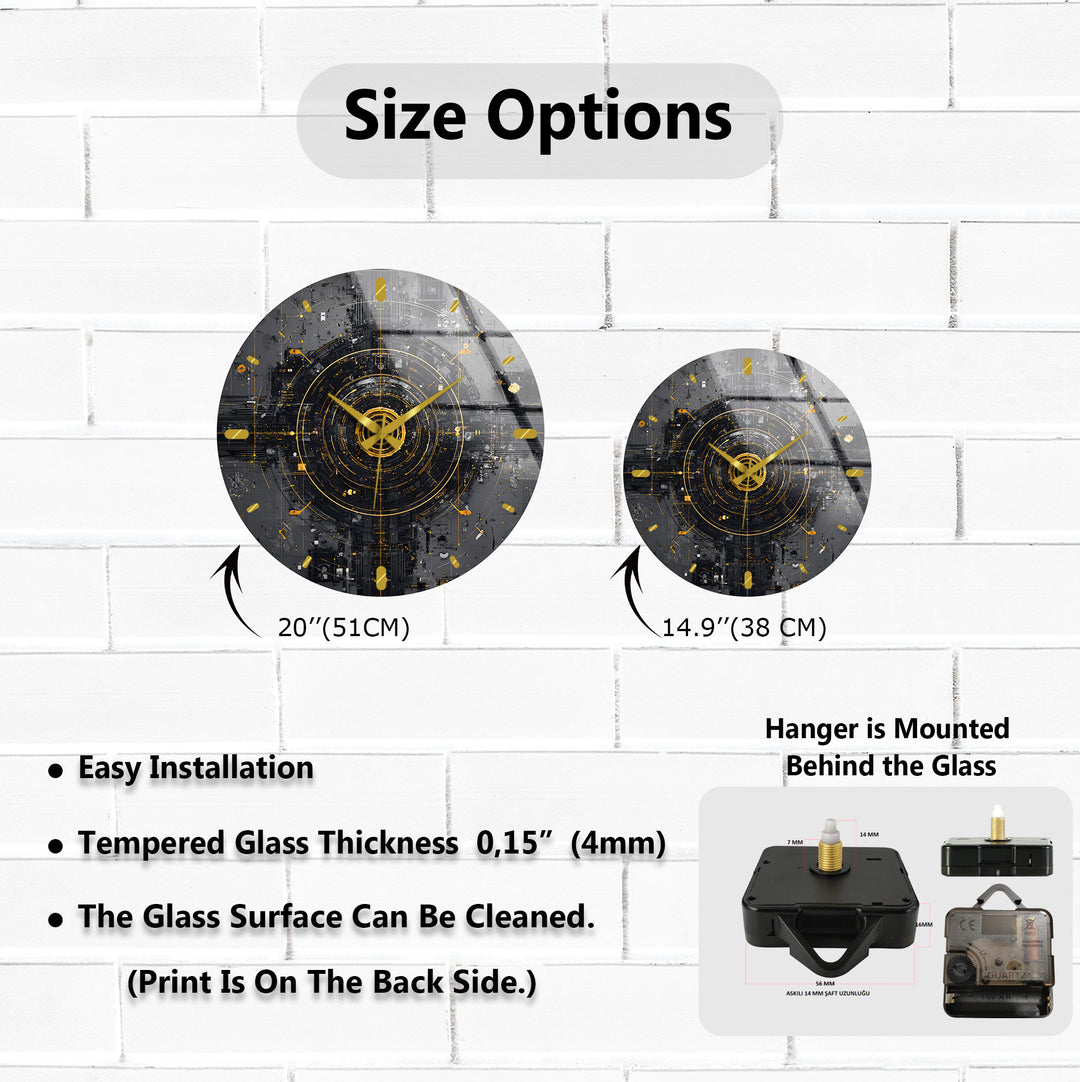 Industrial Abstract Glass Wall Clock – Black and Gold Tech Art