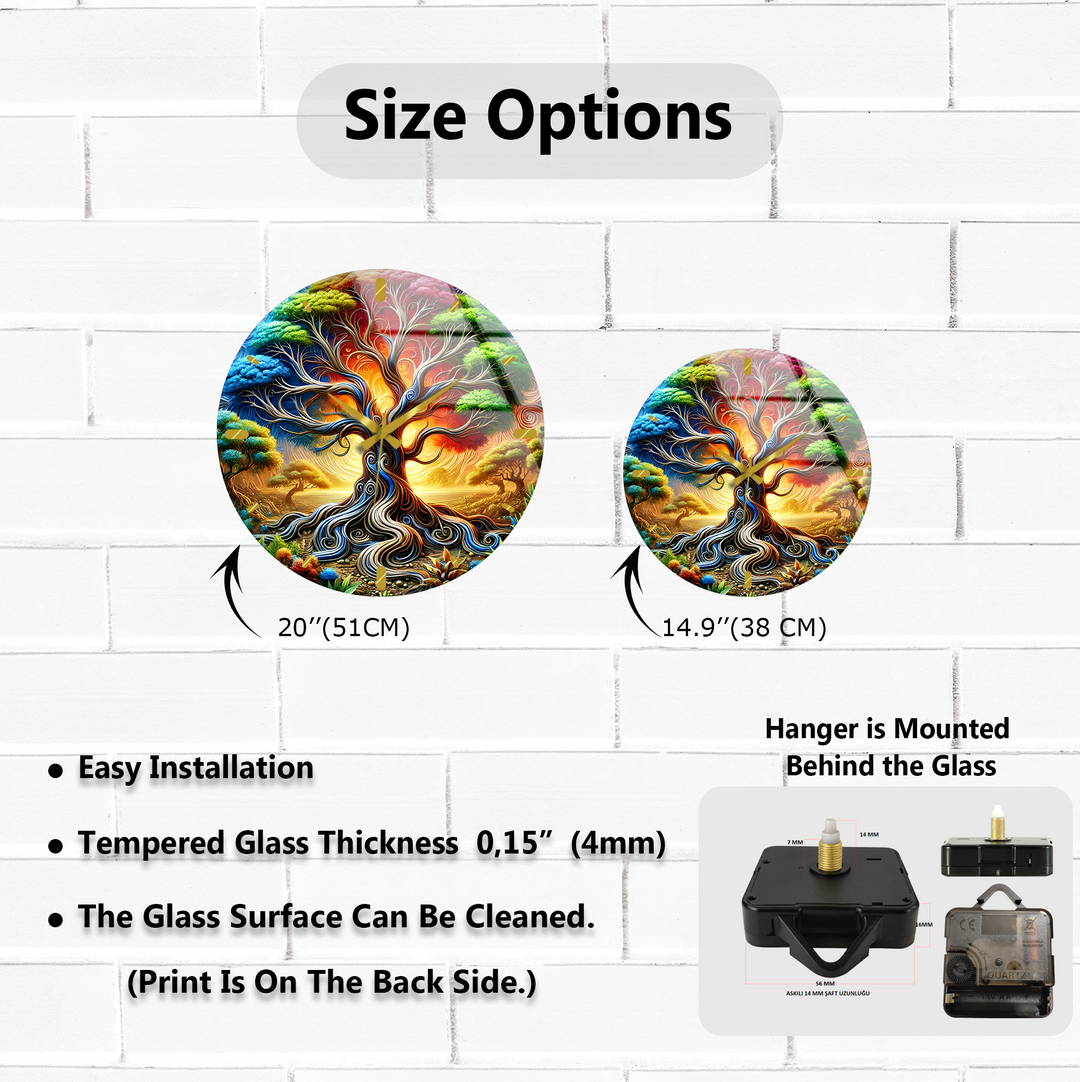 Colorful Tree of Life Glass Wall Clock – Fantasy Nature Decor
