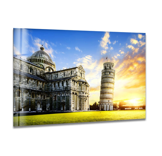 Warm color temperatures radiate from the sunset in this iconic Leaning Tower of Pisa landmark print, showcased on tempered glass wall art.