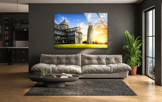 Emerging from the leaning tower of Pisa at sunset, this glass wall art captures the architectural icon with a powerful sense of movement through the reflected light, achieved with precision glass printing.