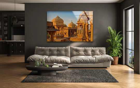 Alternating temple domes create a satisfying visual rhythm within this India Jaisalmer Fort glass art painting, perfect for bringing symmetry to a living space.