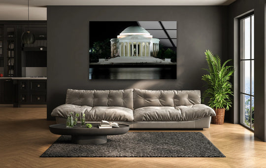 Charcoal gray tones dominate the art from glass in this Jefferson Memorial wall art, featuring the iconic monument illuminated at night.