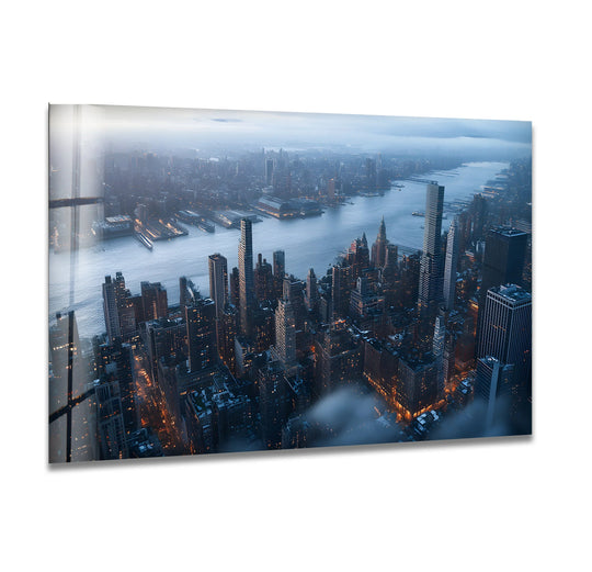 Subtle shifts in hue define the Johannesburg at night glass wall art as the cityscape's lights blend with the twilight, making it the best glass art.