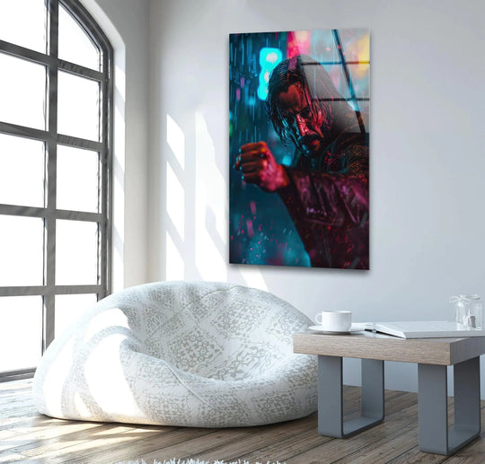Illuminated by the window, the light reflects off the tempered art from glass of the Neon Rain Fighter Intense Portrait Cyberpunk Glass Wall Art.