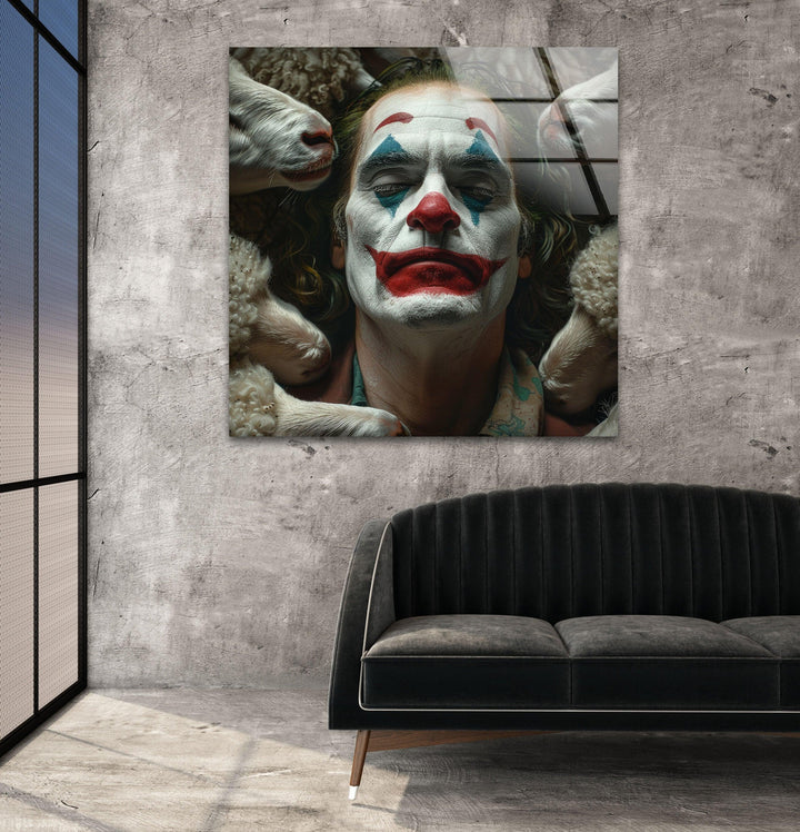Joker and Sheeps Glass Wall Art custom glass photo prints, large glass prints
