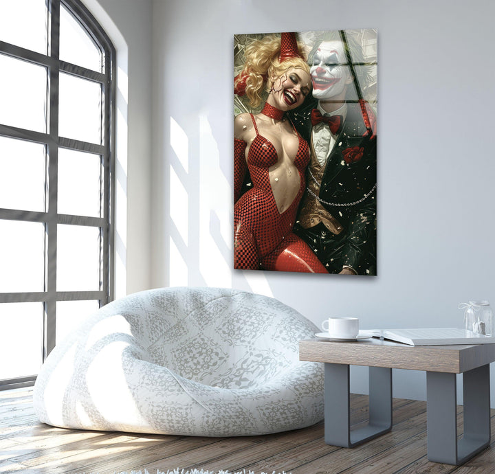 Joker Love Harley Quinn Glass Wall Art, photo print on glass, prints on glass wall art