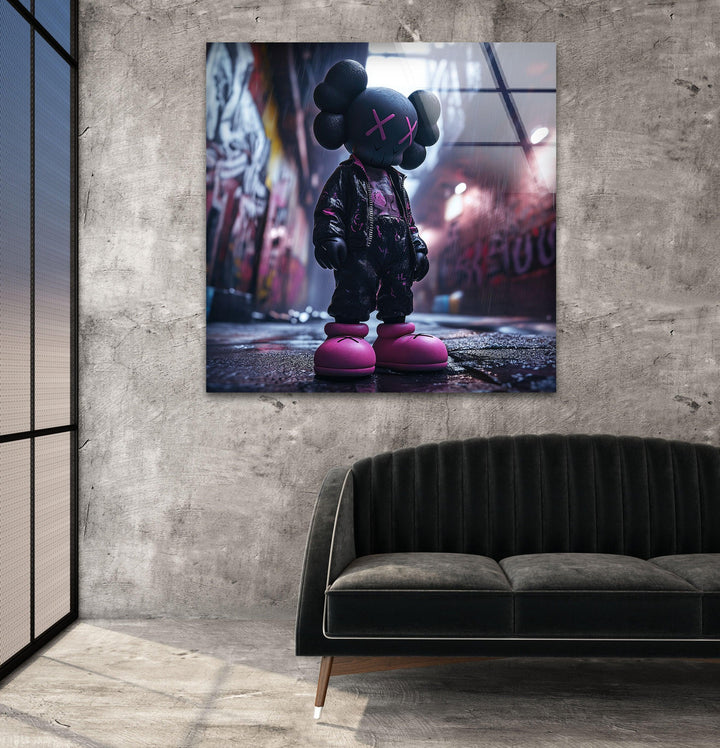 Kaws Purple & Black Glass Wall Art photo print on glass, prints on glass wall art
