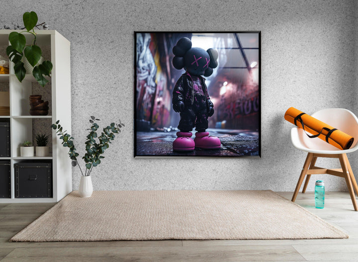 Kaws Purple & Black Glass Wall Art large glass photo prints, glass wall photos
