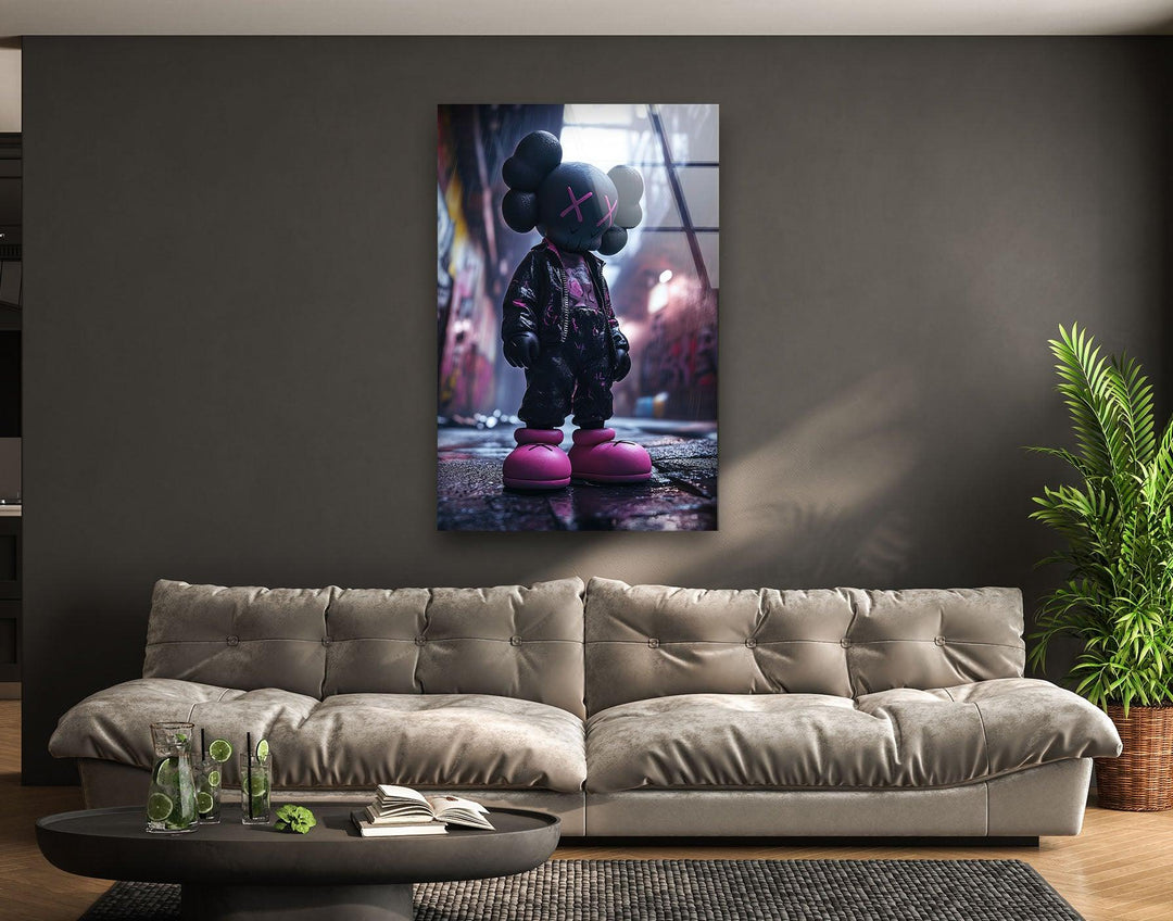 Kaws Purple & Black Glass Wall Art custom glass pictures, glass art prints

