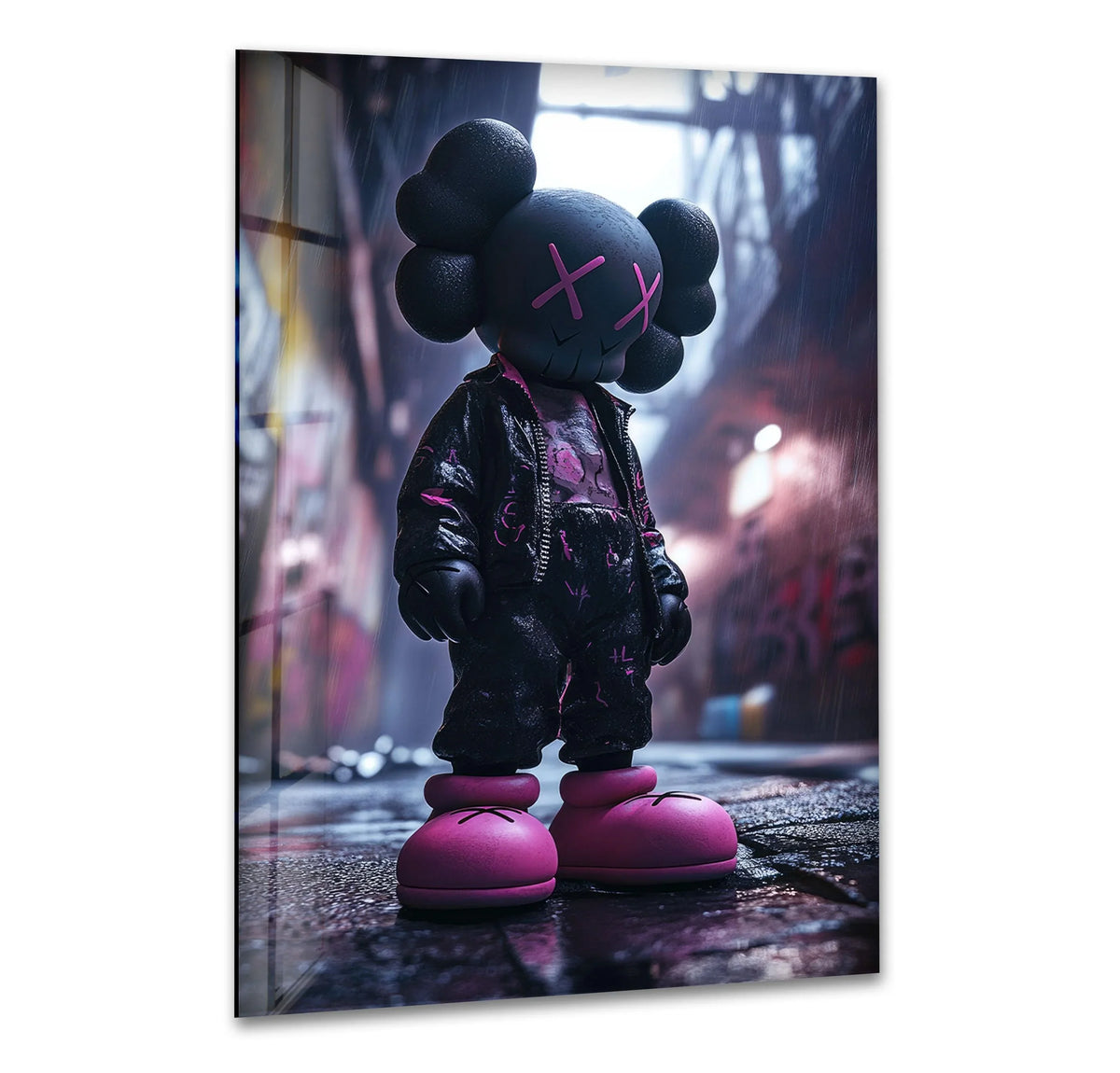 A vinyl toy figure with pink X's for eyes stands in a wet, graffiti-covered alley, presented as best glass art.