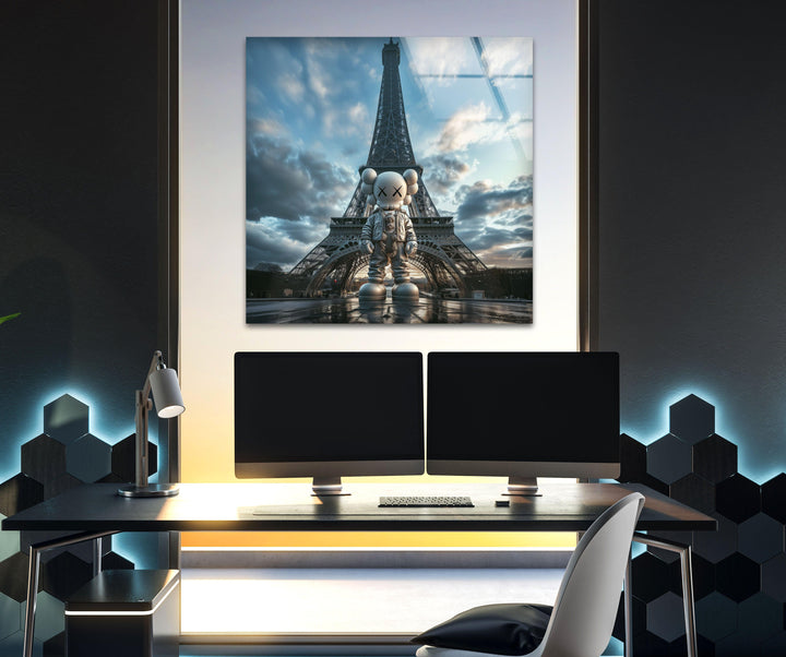 Kaws & Eiffel Tower Glass Wall Art large glass photo prints, glass wall photos
