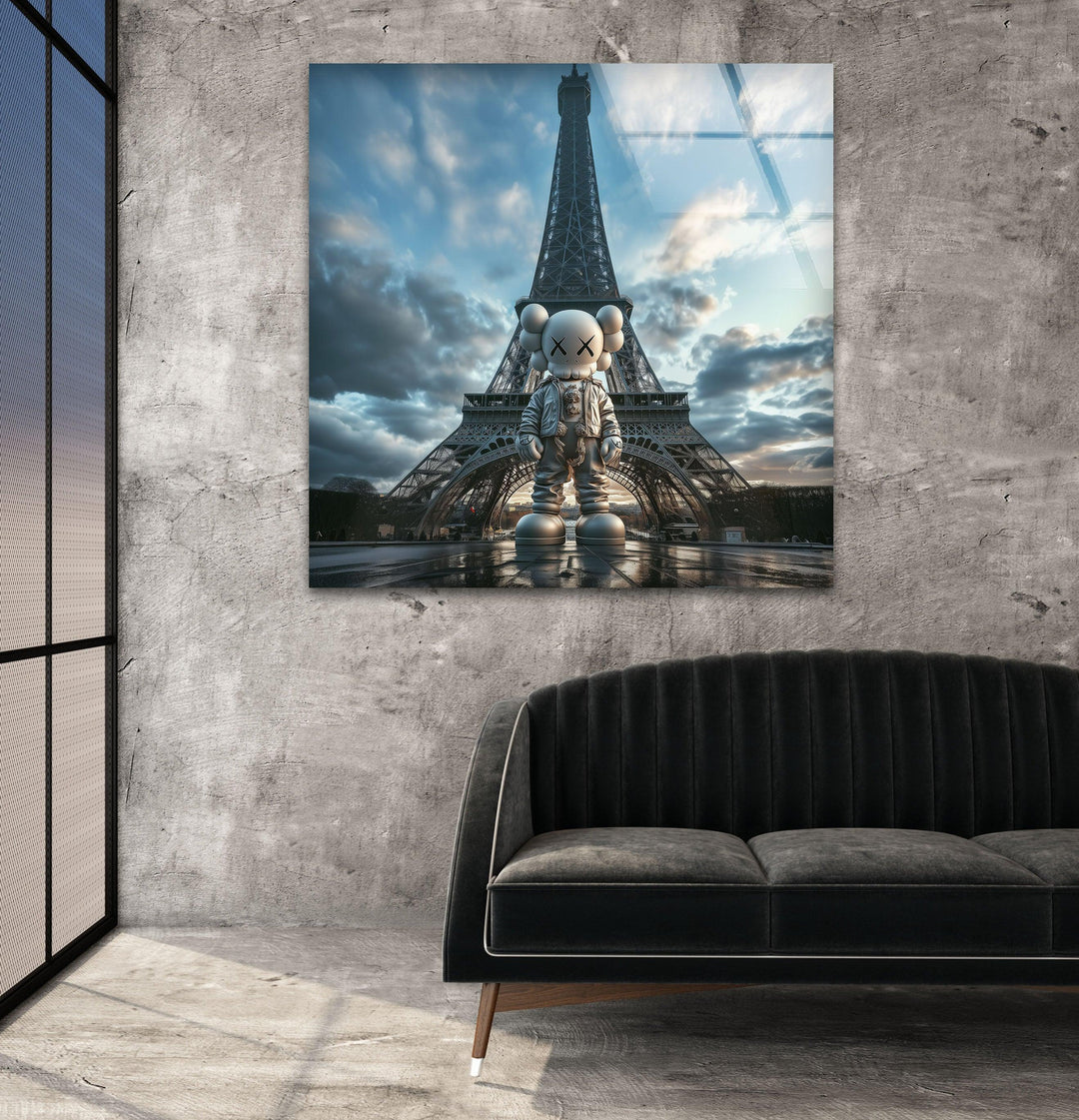Kaws & Eiffel Tower Glass Wall Art custom glass pictures, glass art prints
