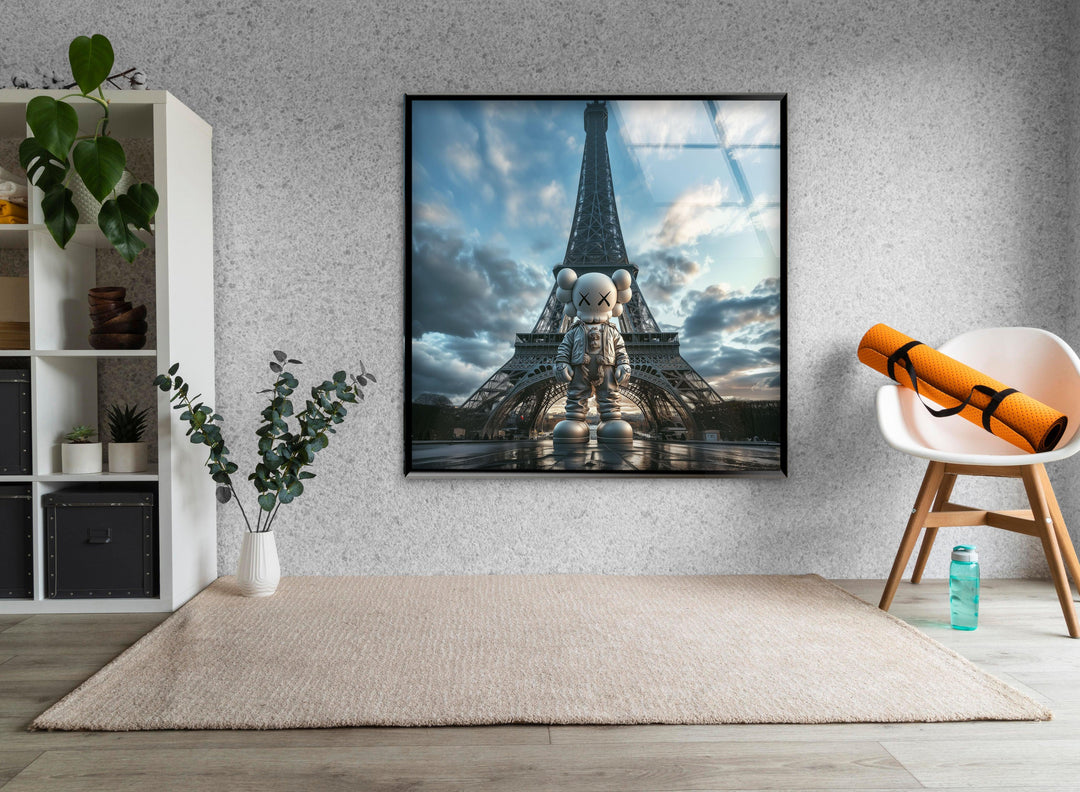 Kaws & Eiffel Tower Glass Wall Art photo print on glass, prints on glass wall art
