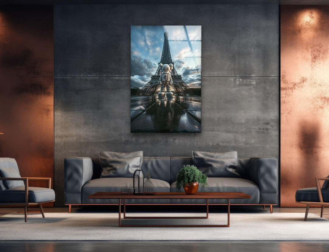 Kaws & Eiffel Tower Glass Wall Art picture on glass wall art, photos printed on glass
