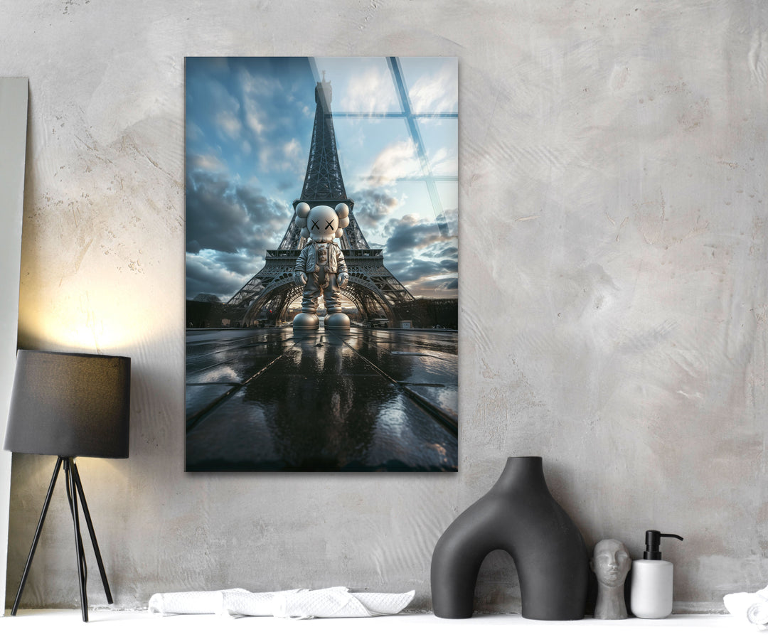 Kaws & Eiffel Tower Glass Wall Art print on glass, glass printed photos
