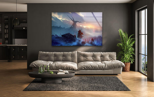 With exceptional color saturation, the warrior and dragon sunrise fantasy wall prints features vibrant hues accentuating the epic scene depicted on glass.