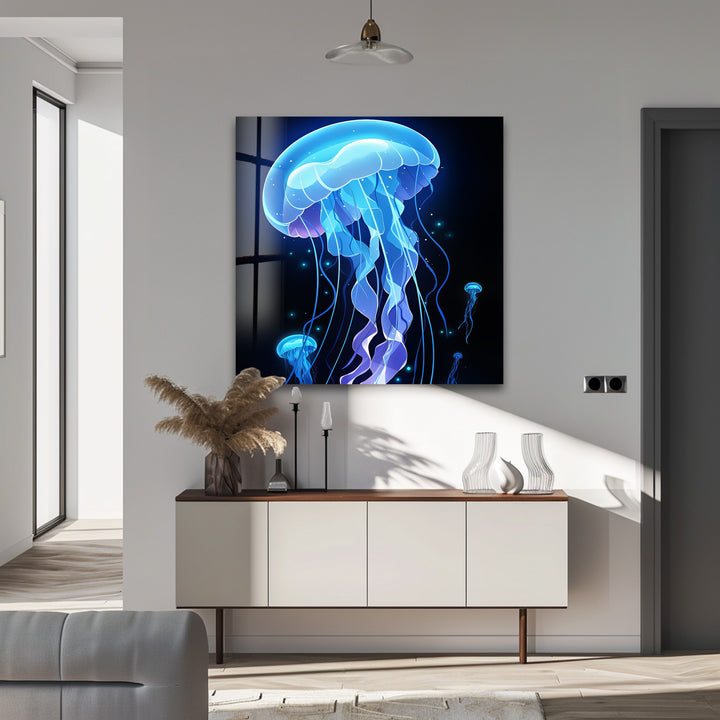 Luminous Depths – Jellyfish Glow Glass Wall Art