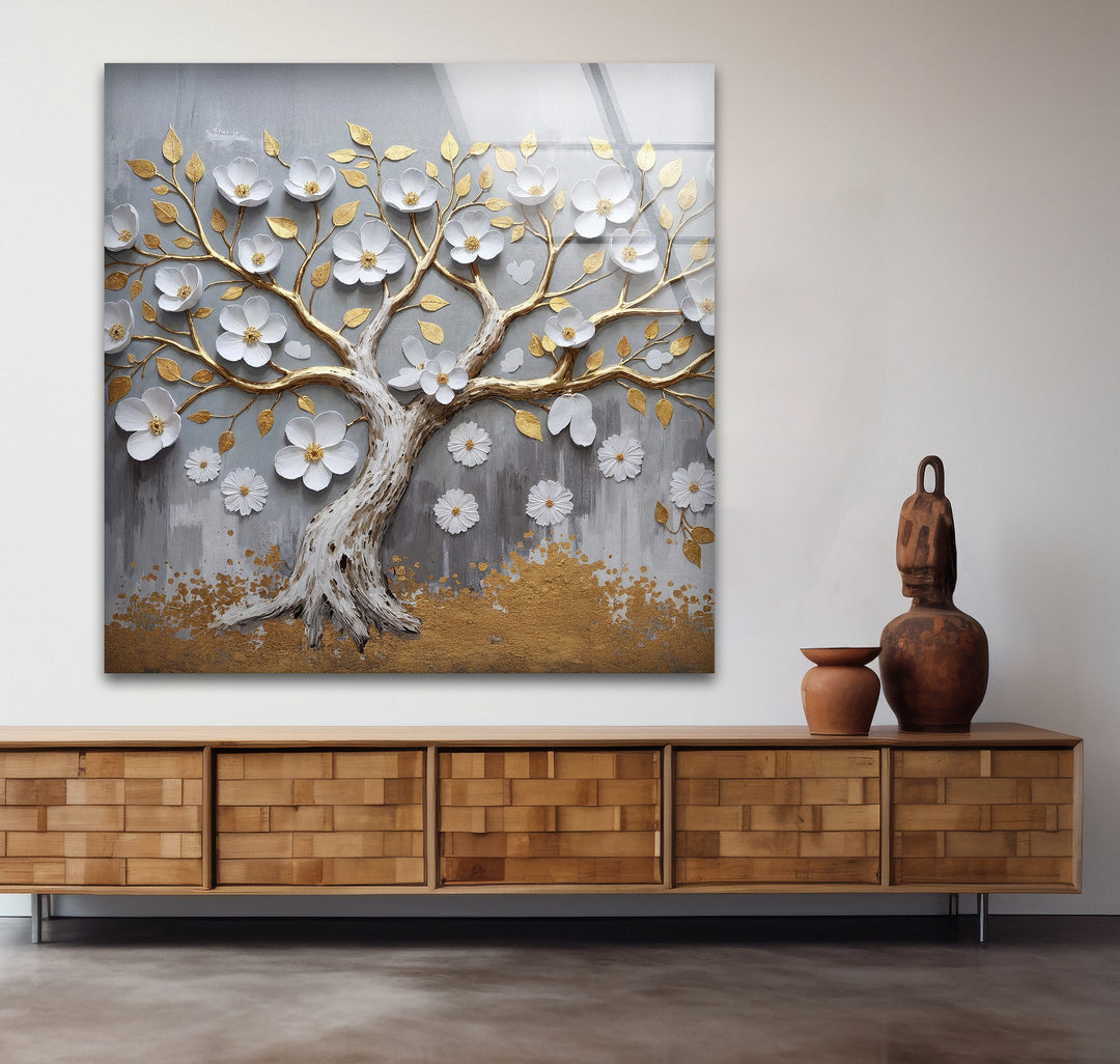 Golden Blossom Tree – Elegant Floral Relief Glass Wall Art