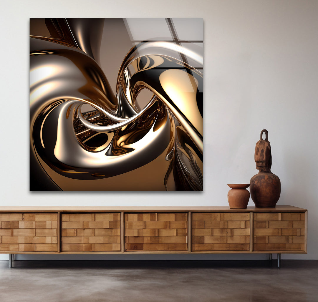 Molten Bronze Mirage – Abstract Metallic Swirl Glass Wall Art