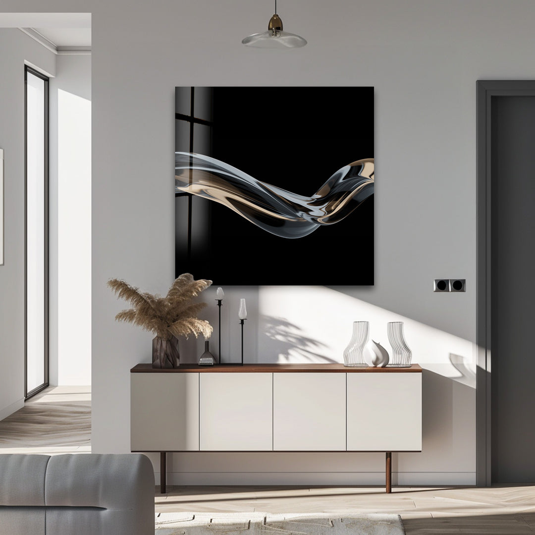 Ebony Silk Wave – Minimalist Metallic Flow Glass Wall Art
