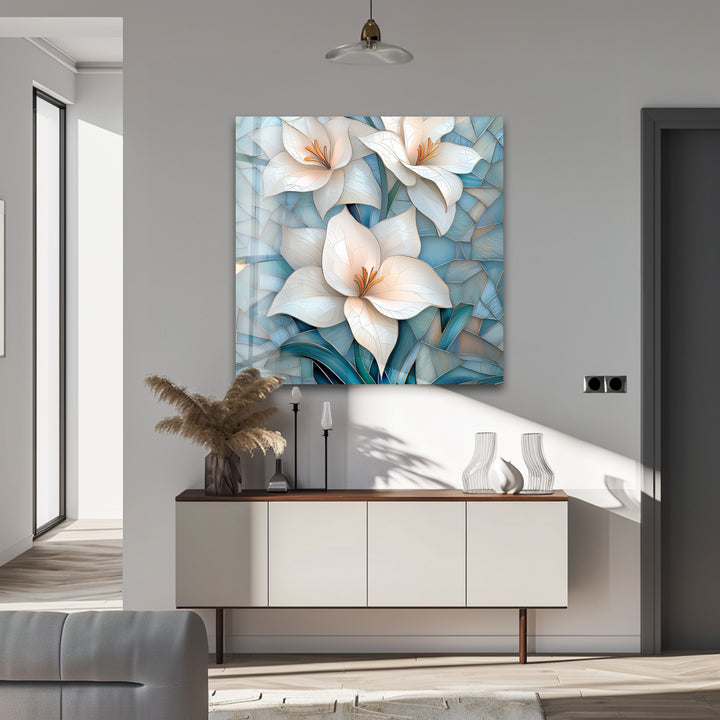 Ivory Radiance – White Lily Mosaic Glass Wall Art