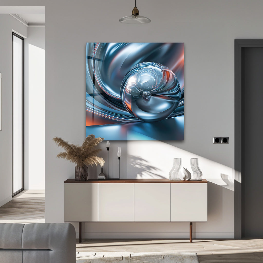 Chromatic Sphere Drift – Abstract Blue Silver Orb Glass Wall Art