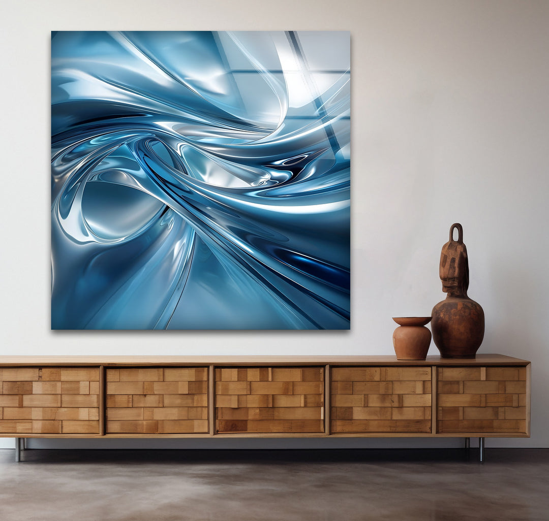 Azure Liquid Motion – Abstract Chrome Blue Glass Wall Art