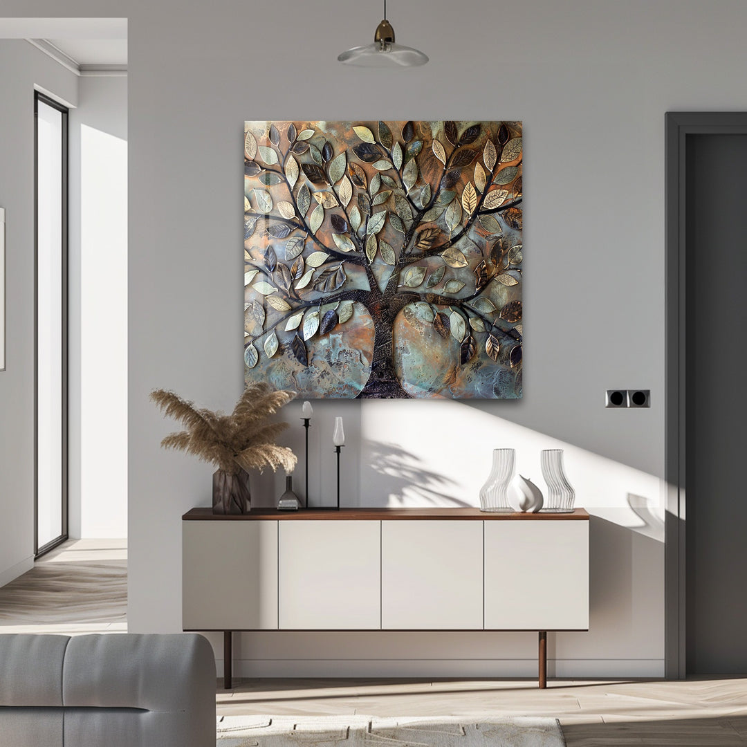 Verdant Bronze Tree – Textured Nature-Inspired Glass Wall Art