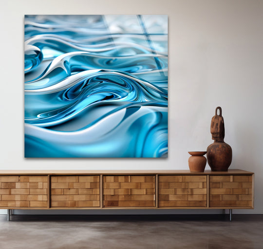 Sleek, polished edges frame this stunning glass wall art print, showcasing a dynamic arctic wave flow in abstract blue chrome.