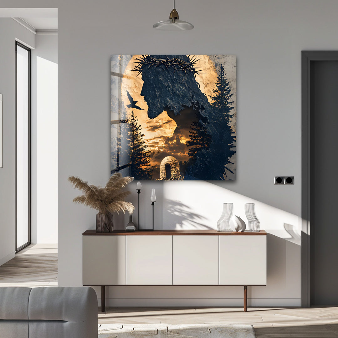 He Is Risen – Silhouette of Christ with Resurrection Tomb Glass Wall Art