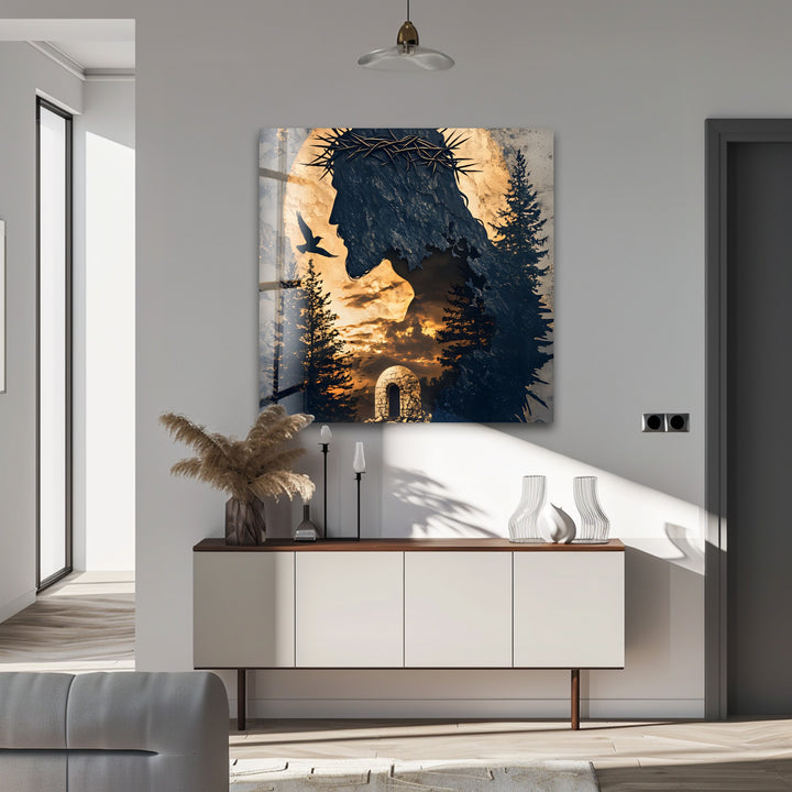 He Is Risen – Silhouette of Christ with Resurrection Tomb Glass Wall Art