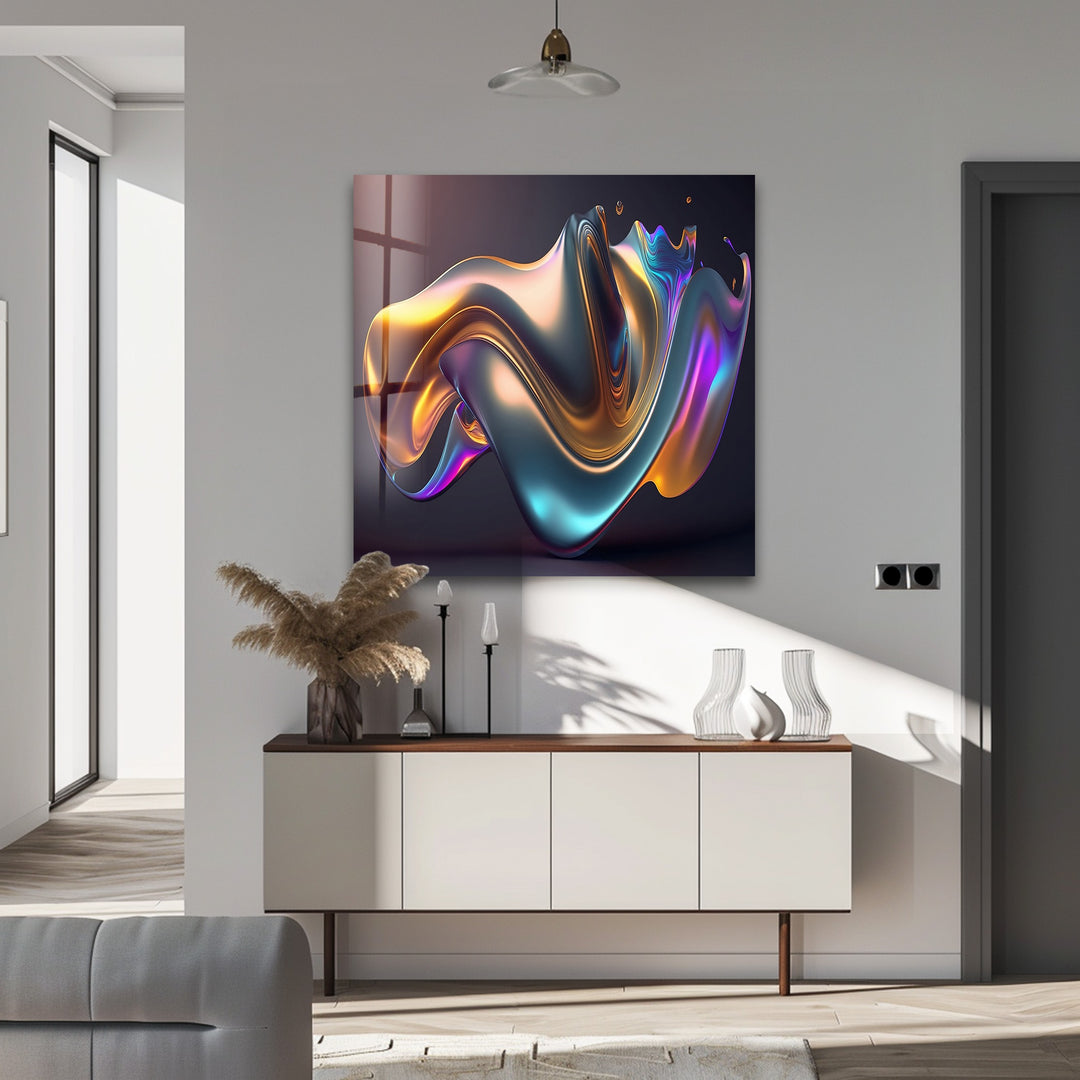 Prismatic Flow Mirage – Iridescent Chrome Wave Glass Wall Art