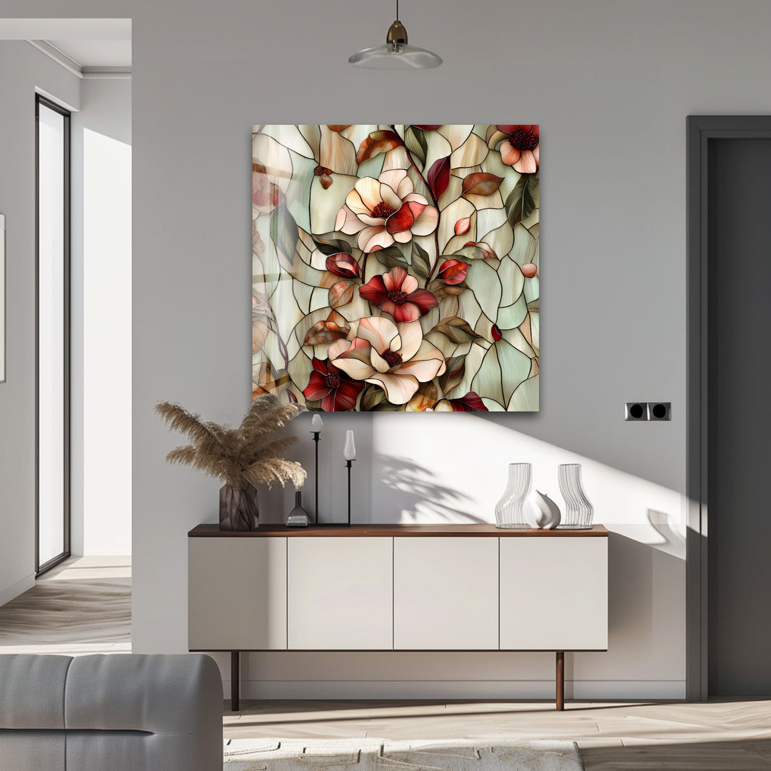 Crimson Bloom Harmony – Stained Floral Glass Wall Art