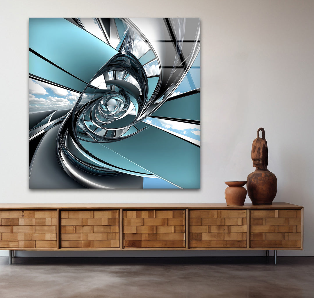 Aero Spiral Gateway – Futuristic Chrome Tunnel Glass Wall Art