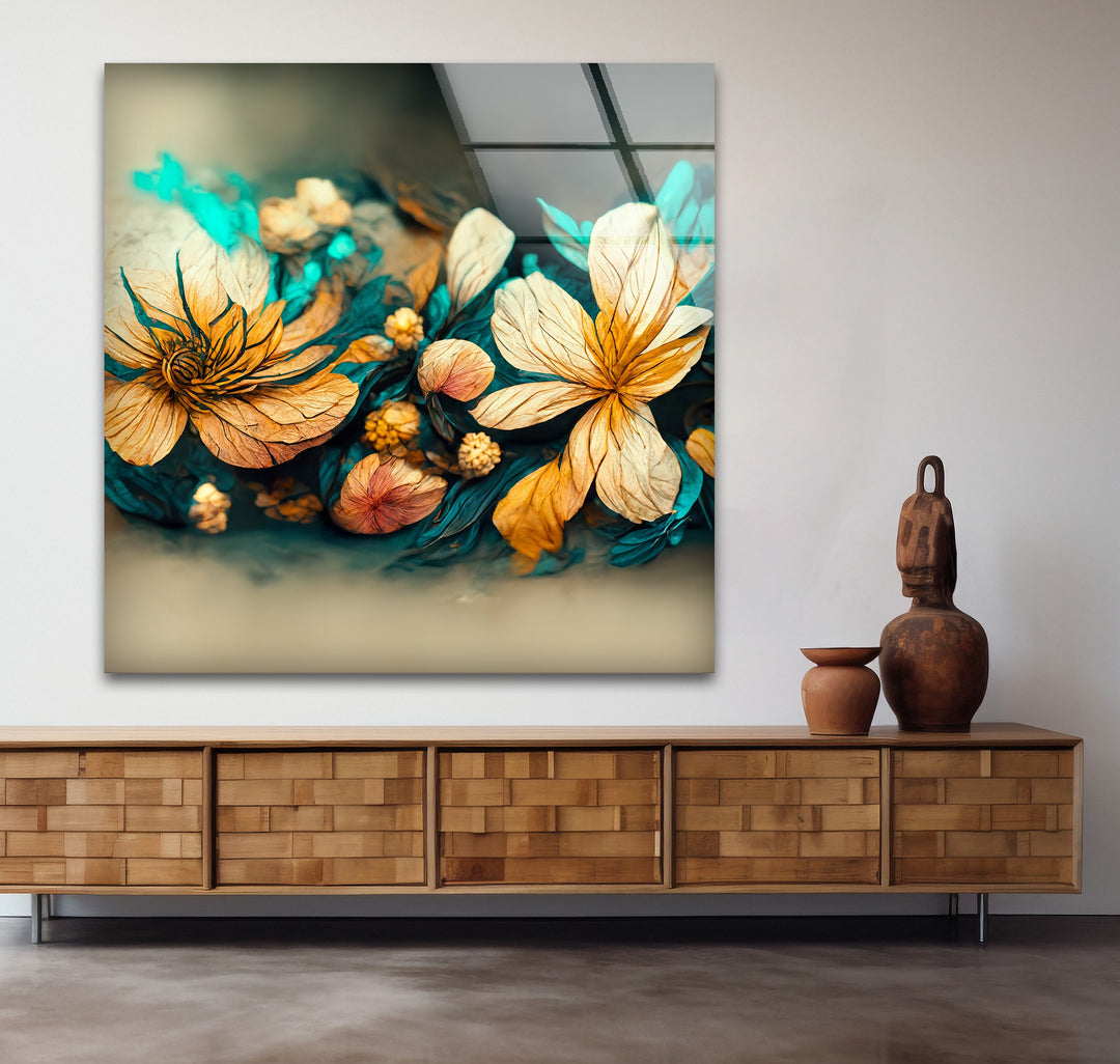 Golden Petal Bloom – Artistic Floral Fantasy Glass Wall Art