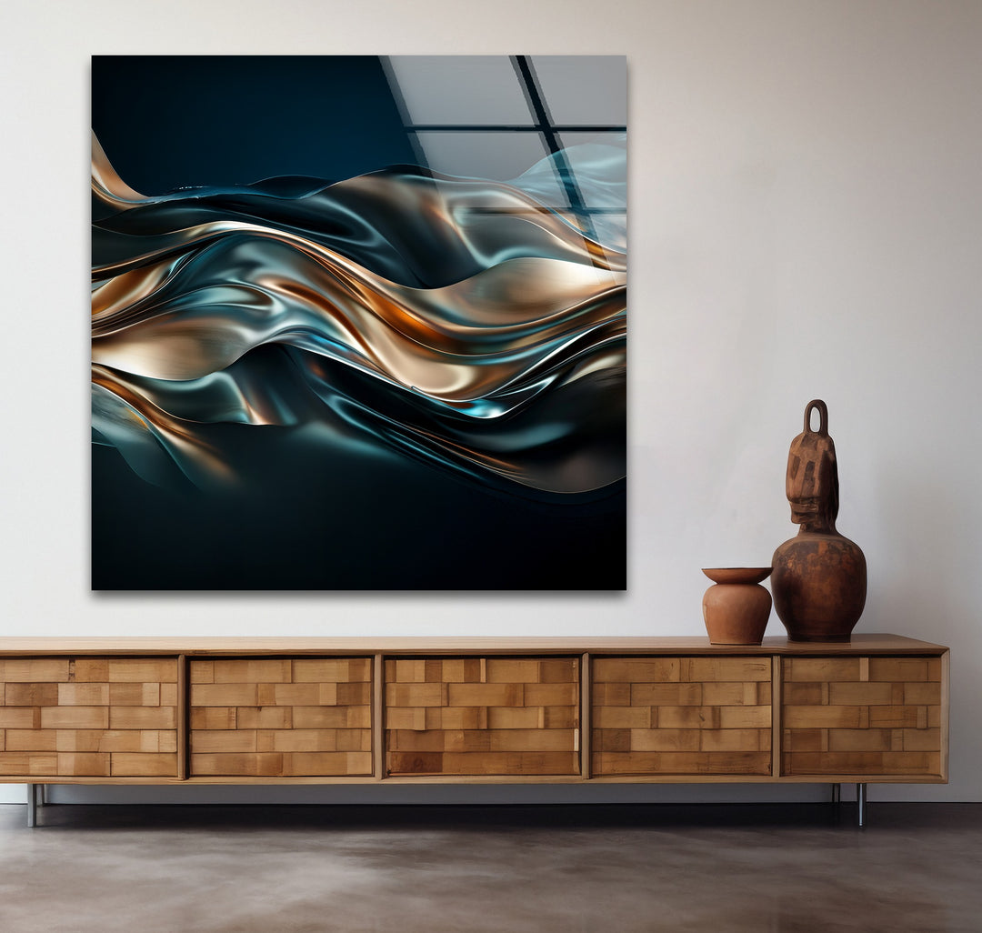 Ocean Bronze Serpentine – Abstract Metallic Wave Glass Wall Art