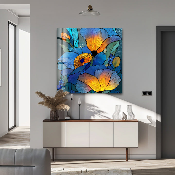 Blue Radiance Blooms – Stained Glass Flower Glass Wall Art