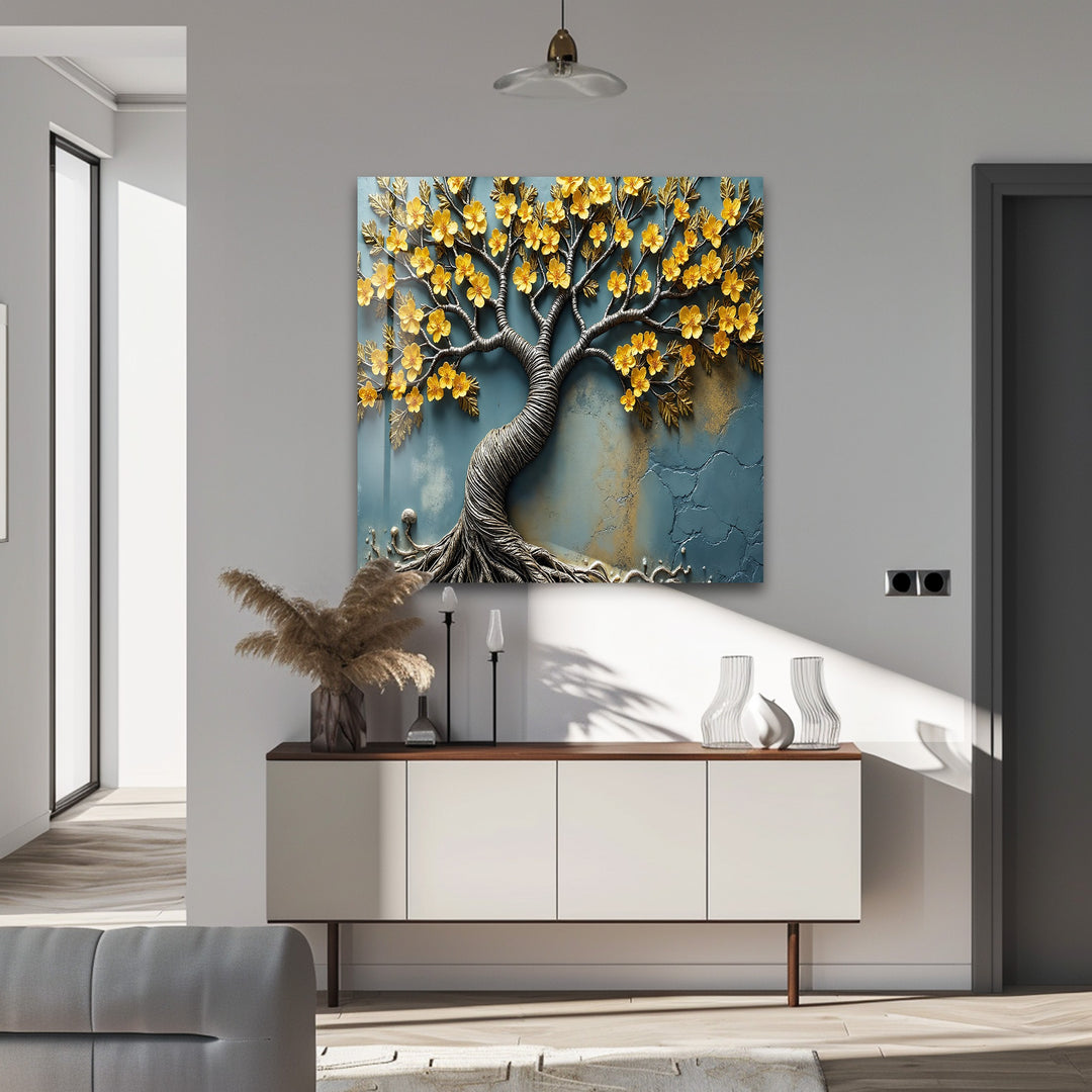 Golden Blossom Roots – Textured Floral Tree Glass Wall Art
