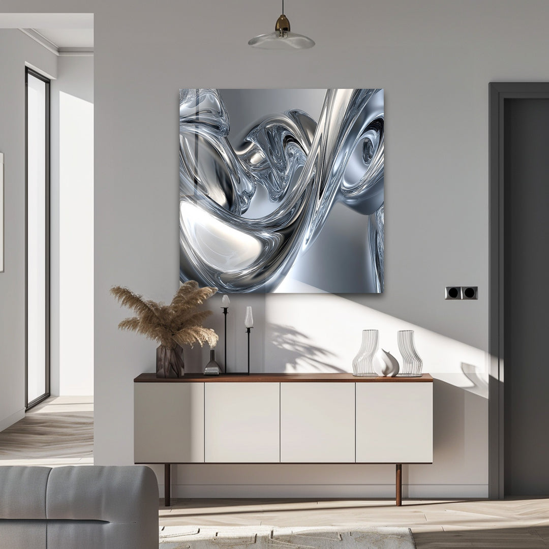 Silver Liquid Contours – Abstract Chrome Flow Glass Wall Art