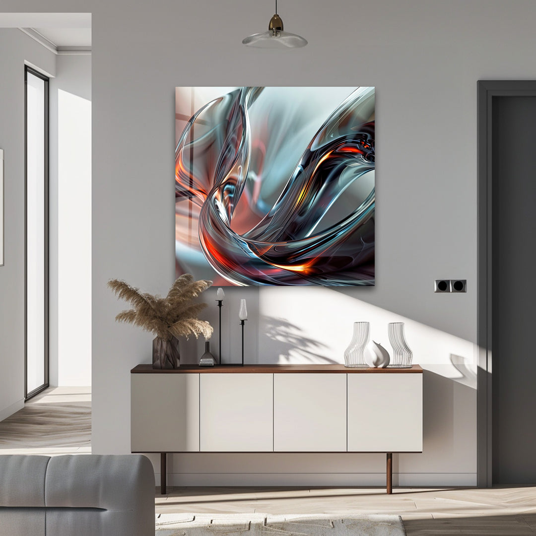 Emberwave Crystal Motion – Abstract Chrome & Fire Glass Wall Art