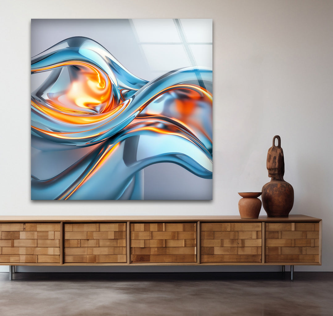Solar Frost Fusion – Abstract Blue & Orange Chrome Glass Wall Art