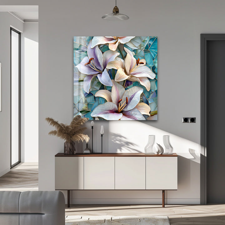 Ocean Lilies – Blue Mosaic Floral Glass Wall Art