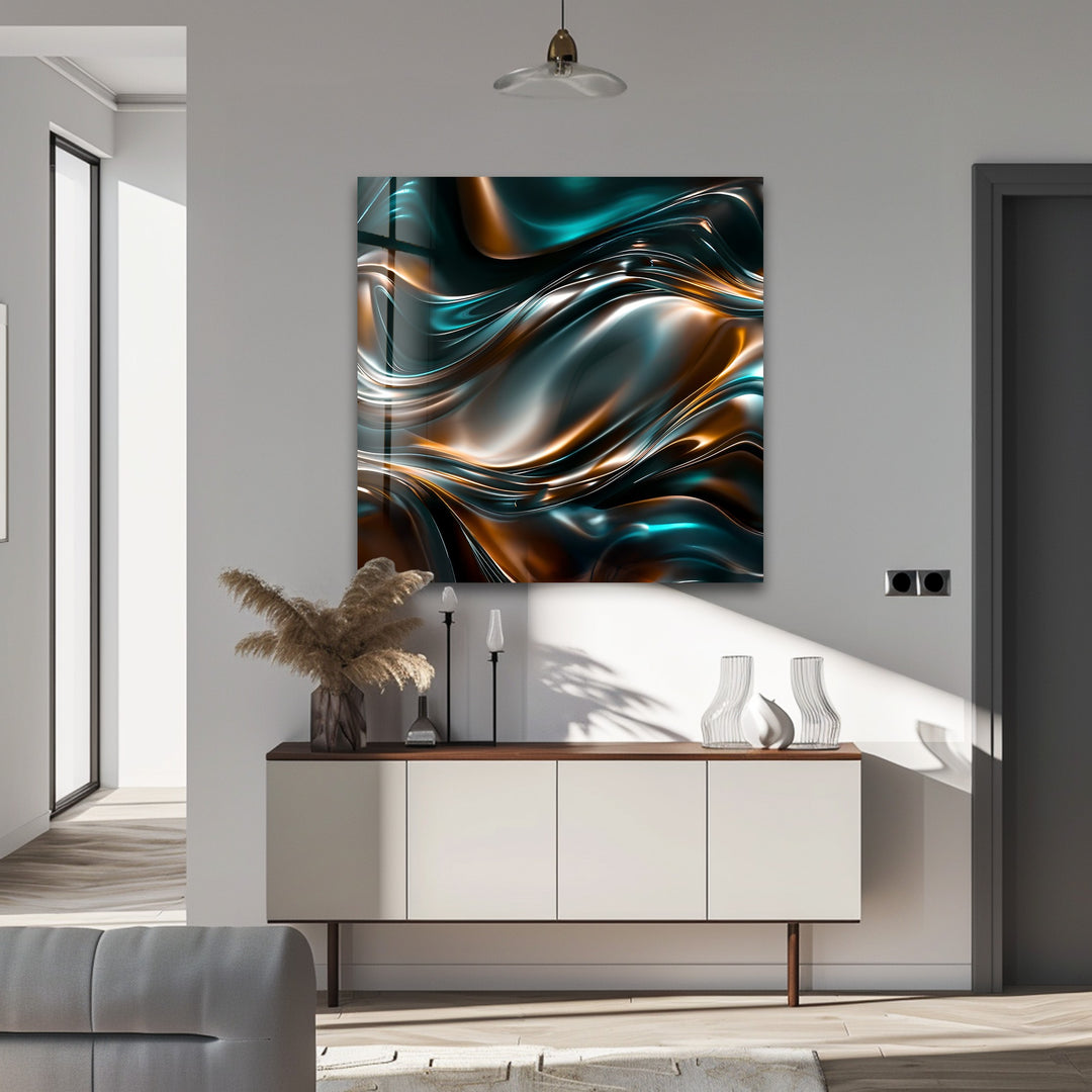 Obsidian Copper Drift – Abstract Metallic Wave Glass Wall Art