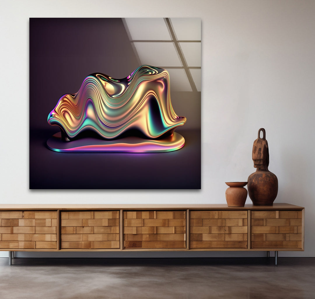 Chromatic Sculpted Form – Iridescent Metallic Shape Glass Wall Art