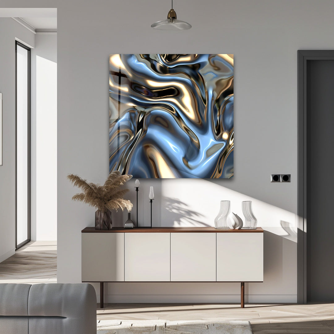 Celestial Metal Drift – Abstract Silver & Gold Fluid Glass Wall Art