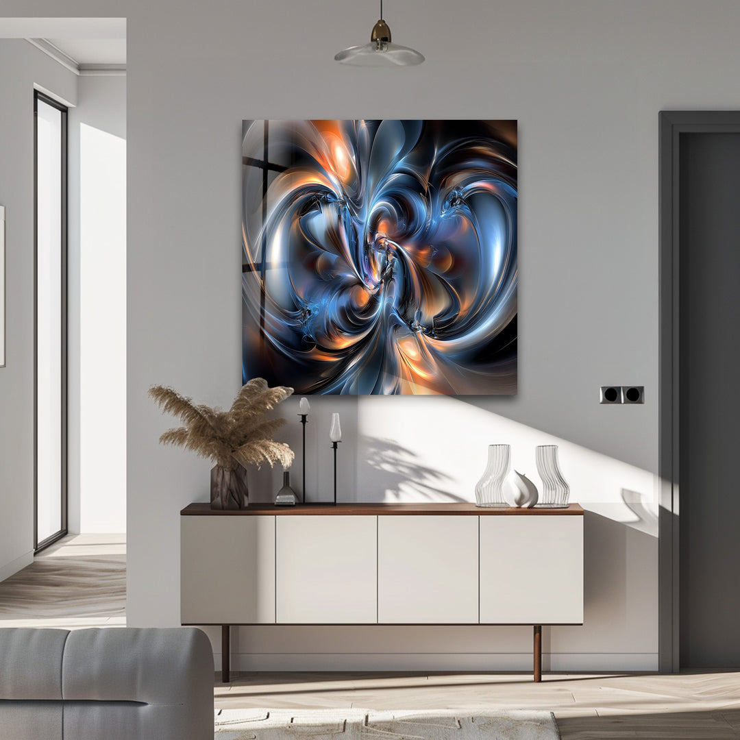 Cosmic Helix Radiance – Abstract Blue & Ember Swirl Glass Wall Art
